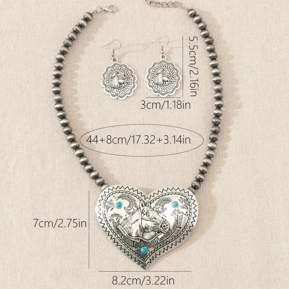 3pcs/set Rodeo Western Heart Shape Horse Head Pattern Pendant Earrings Necklace - Picture 4 of 4